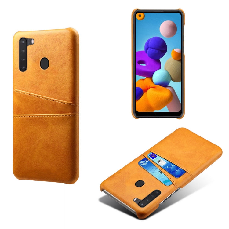 For Samsung Galaxy A21 Calf Texture PC + PU Leather Back Cover Shockproof Case with Dual Card Slots