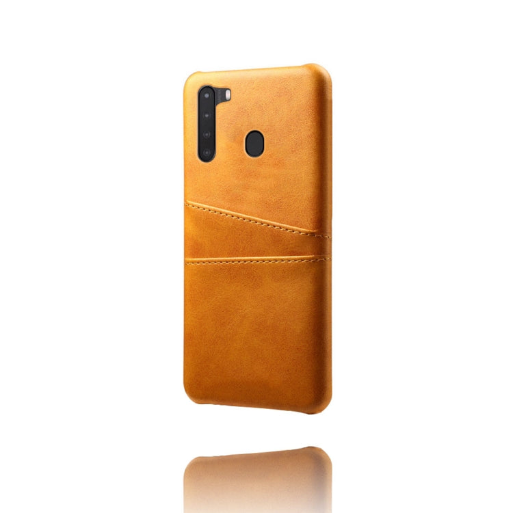 For Samsung Galaxy A21 Calf Texture PC + PU Leather Back Cover Shockproof Case with Dual Card Slots