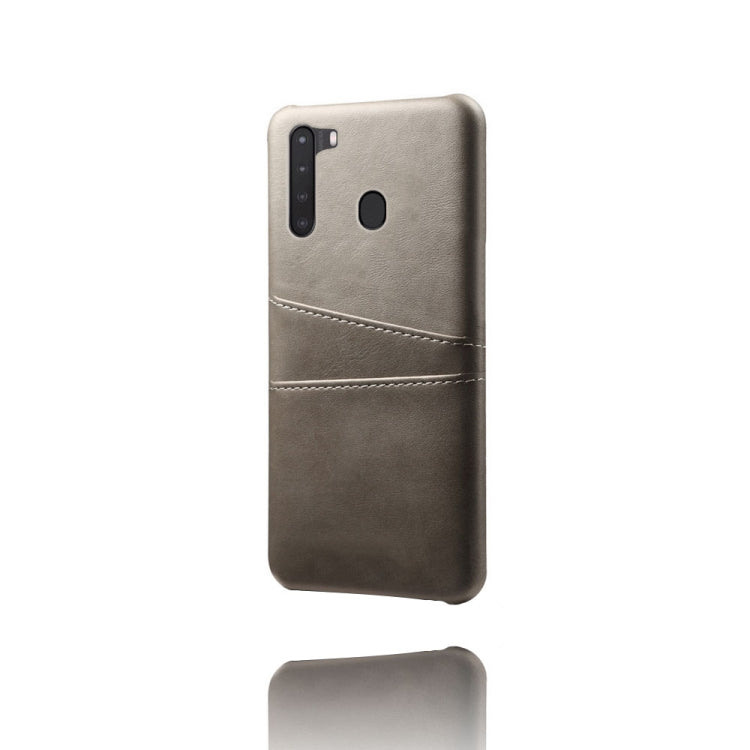 For Samsung Galaxy A21 Calf Texture PC + PU Leather Back Cover Shockproof Case with Dual Card Slots