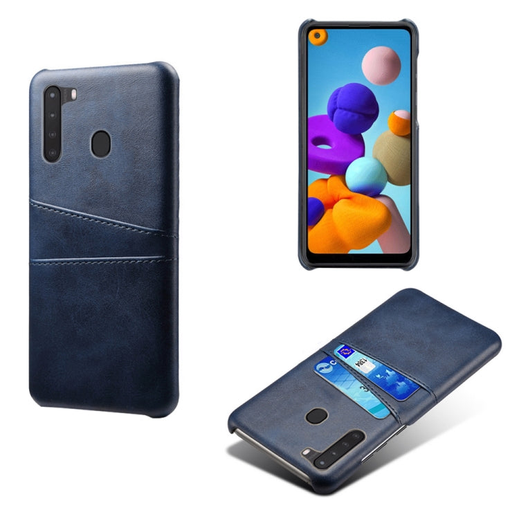 For Samsung Galaxy A21 Calf Texture PC + PU Leather Back Cover Shockproof Case with Dual Card Slots