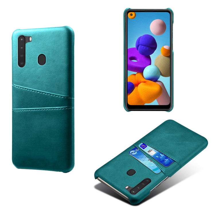 For Samsung Galaxy A21 Calf Texture PC + PU Leather Back Cover Shockproof Case with Dual Card Slots