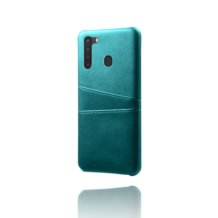For Samsung Galaxy A21 Calf Texture PC + PU Leather Back Cover Shockproof Case with Dual Card Slots