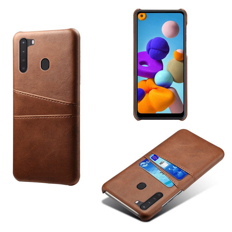 For Samsung Galaxy A21 Calf Texture PC + PU Leather Back Cover Shockproof Case with Dual Card Slots