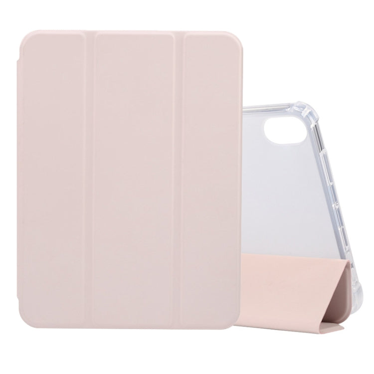 For iPad mini 6 3-folding Electric Pressed Skin Texture Horizontal Flip Shockproof Transparent TPU + PU Leather Tablet Case with Holder& Pen Slot & Sleep / Wake-up Function