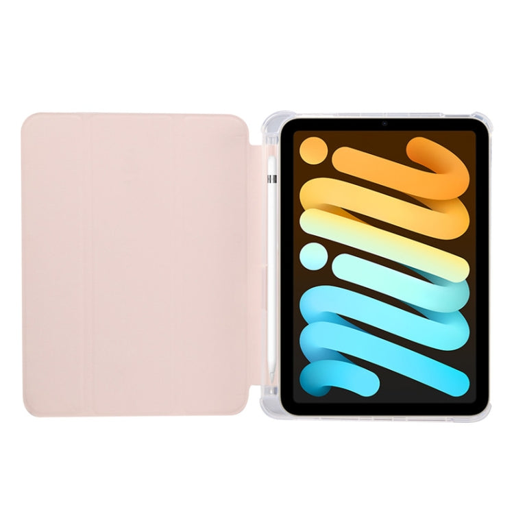 For iPad mini 6 3-folding Electric Pressed Skin Texture Horizontal Flip Shockproof Transparent TPU + PU Leather Tablet Case with Holder& Pen Slot & Sleep / Wake-up Function