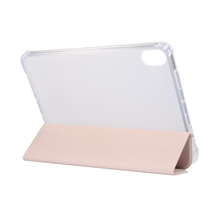 For iPad mini 6 3-folding Electric Pressed Skin Texture Horizontal Flip Shockproof Transparent TPU + PU Leather Tablet Case with Holder& Pen Slot & Sleep / Wake-up Function