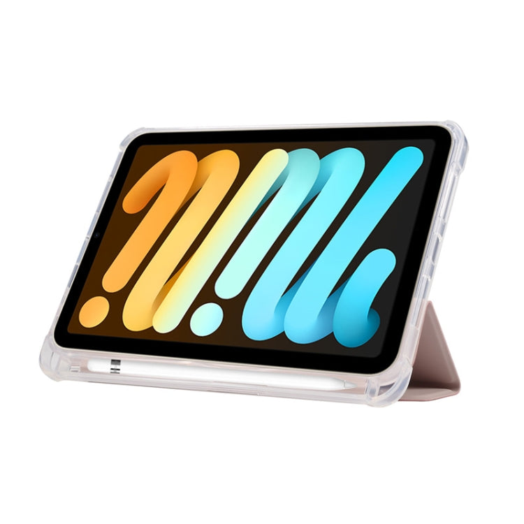 For iPad mini 6 3-folding Electric Pressed Skin Texture Horizontal Flip Shockproof Transparent TPU + PU Leather Tablet Case with Holder& Pen Slot & Sleep / Wake-up Function