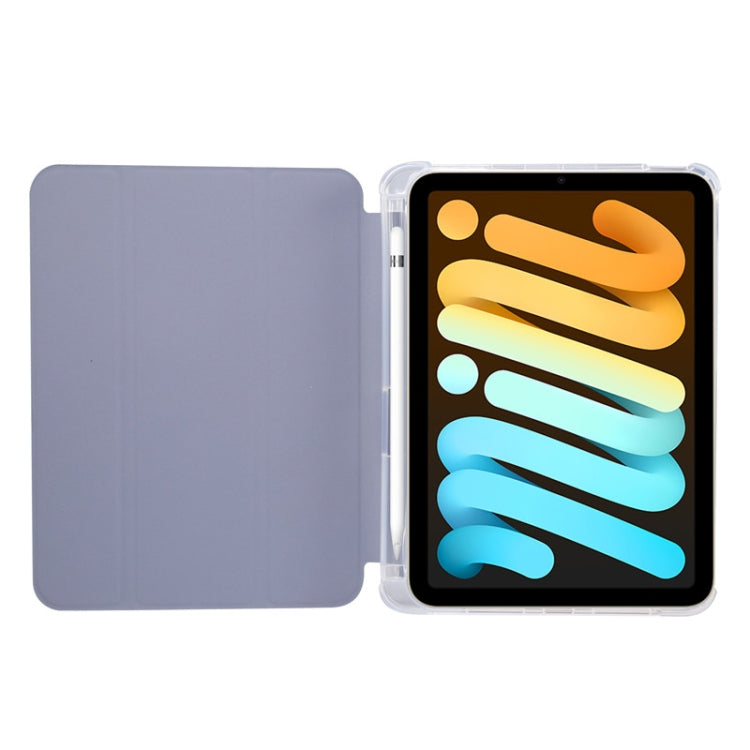 For iPad mini 6 3-folding Electric Pressed Skin Texture Horizontal Flip Shockproof Transparent TPU + PU Leather Tablet Case with Holder& Pen Slot & Sleep / Wake-up Function