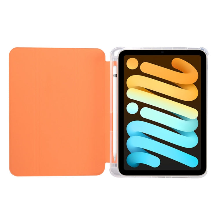 For iPad mini 6 3-folding Electric Pressed Skin Texture Horizontal Flip Shockproof Transparent TPU + PU Leather Tablet Case with Holder& Pen Slot & Sleep / Wake-up Function
