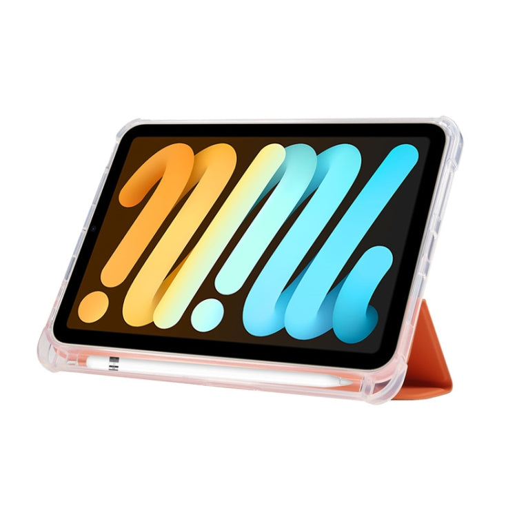 For iPad mini 6 3-folding Electric Pressed Skin Texture Horizontal Flip Shockproof Transparent TPU + PU Leather Tablet Case with Holder& Pen Slot & Sleep / Wake-up Function