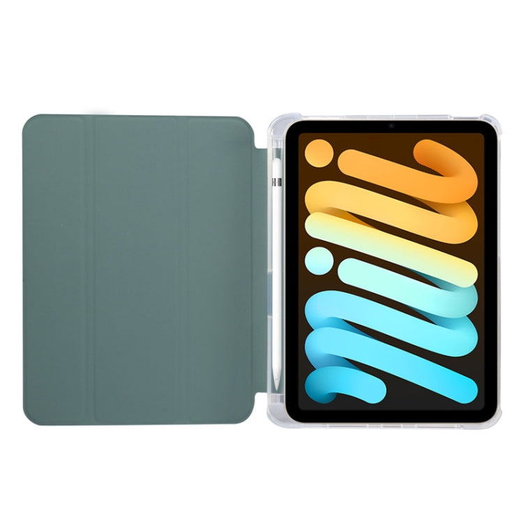 For iPad mini 6 3-folding Electric Pressed Skin Texture Horizontal Flip Shockproof Transparent TPU + PU Leather Tablet Case with Holder& Pen Slot & Sleep / Wake-up Function