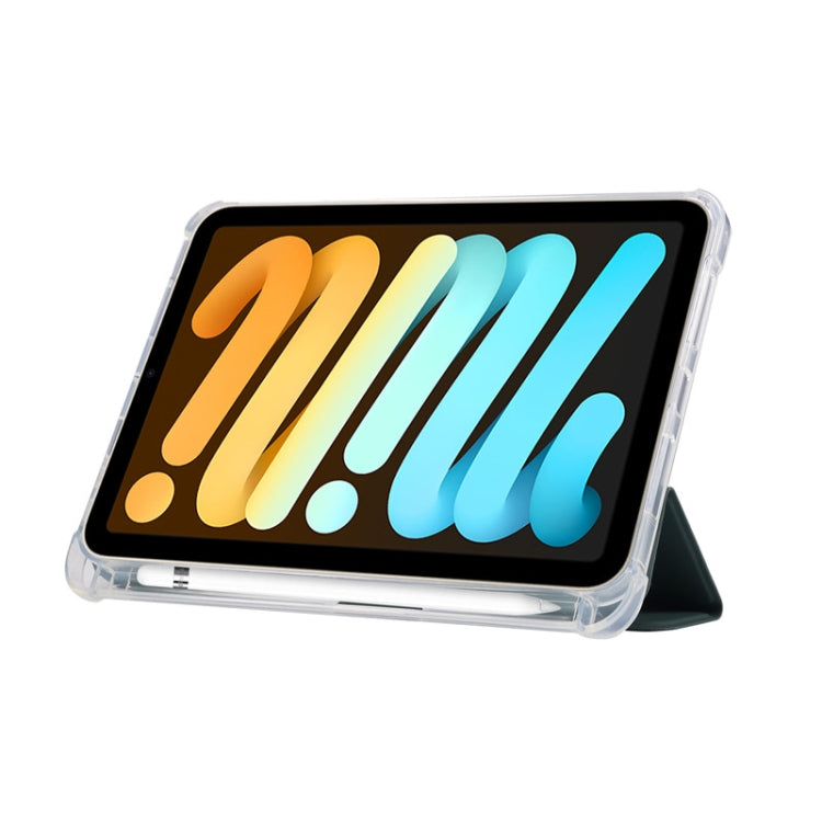 For iPad mini 6 3-folding Electric Pressed Skin Texture Horizontal Flip Shockproof Transparent TPU + PU Leather Tablet Case with Holder& Pen Slot & Sleep / Wake-up Function