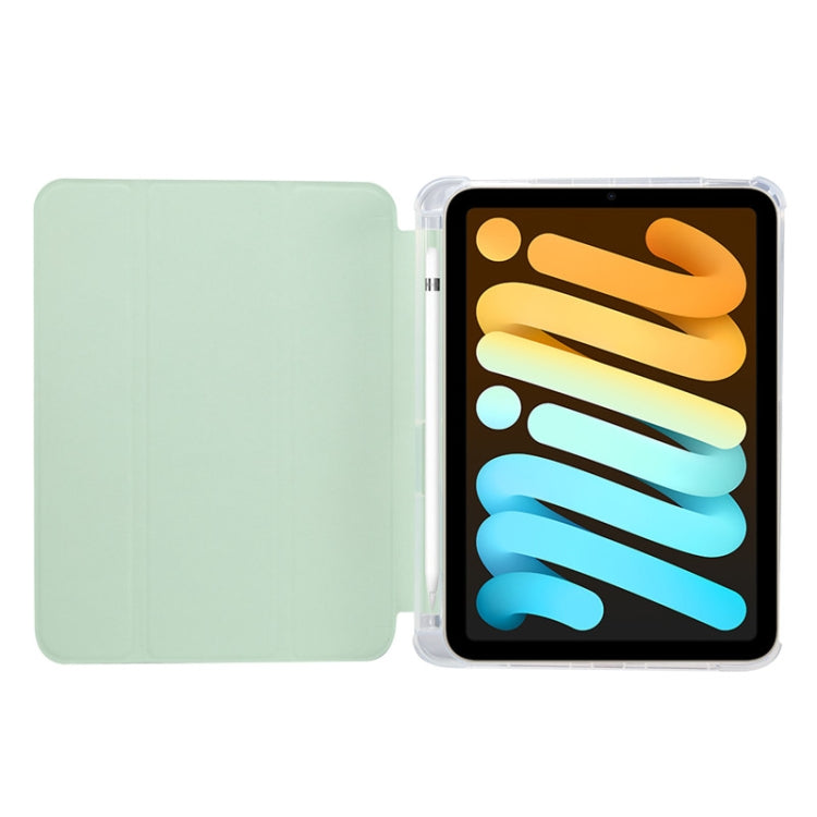 For iPad mini 6 3-folding Electric Pressed Skin Texture Horizontal Flip Shockproof Transparent TPU + PU Leather Tablet Case with Holder& Pen Slot & Sleep / Wake-up Function