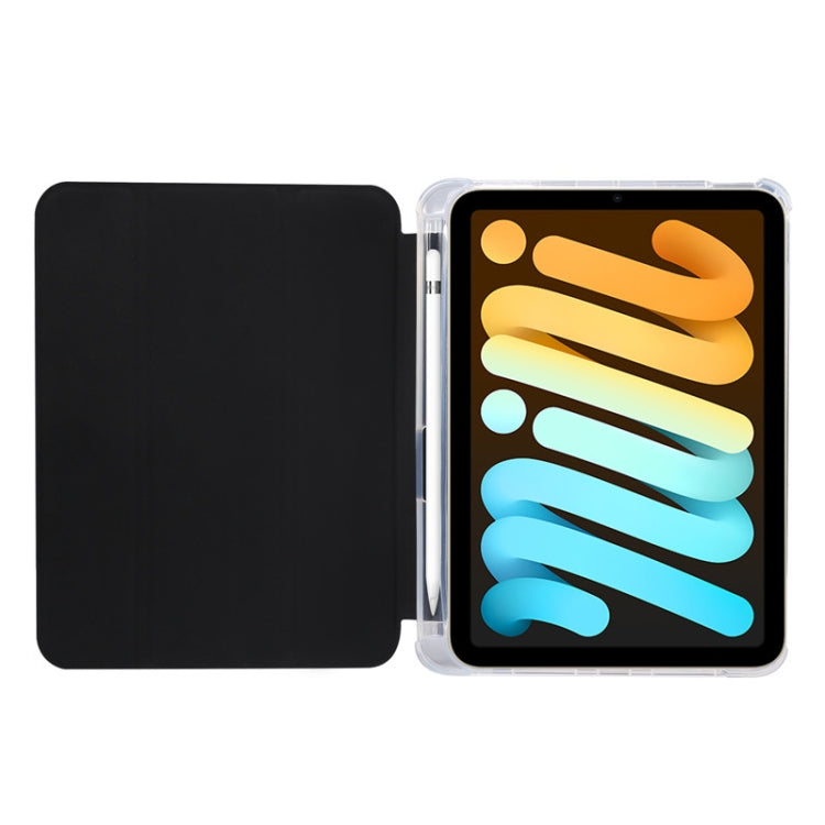 For iPad mini 6 3-folding Electric Pressed Skin Texture Horizontal Flip Shockproof Transparent TPU + PU Leather Tablet Case with Holder& Pen Slot & Sleep / Wake-up Function