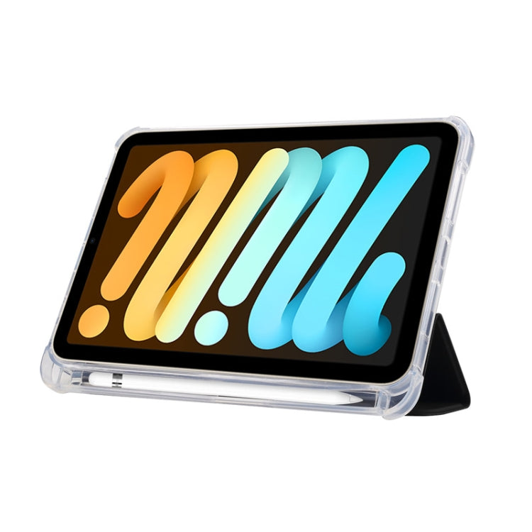 For iPad mini 6 3-folding Electric Pressed Skin Texture Horizontal Flip Shockproof Transparent TPU + PU Leather Tablet Case with Holder& Pen Slot & Sleep / Wake-up Function