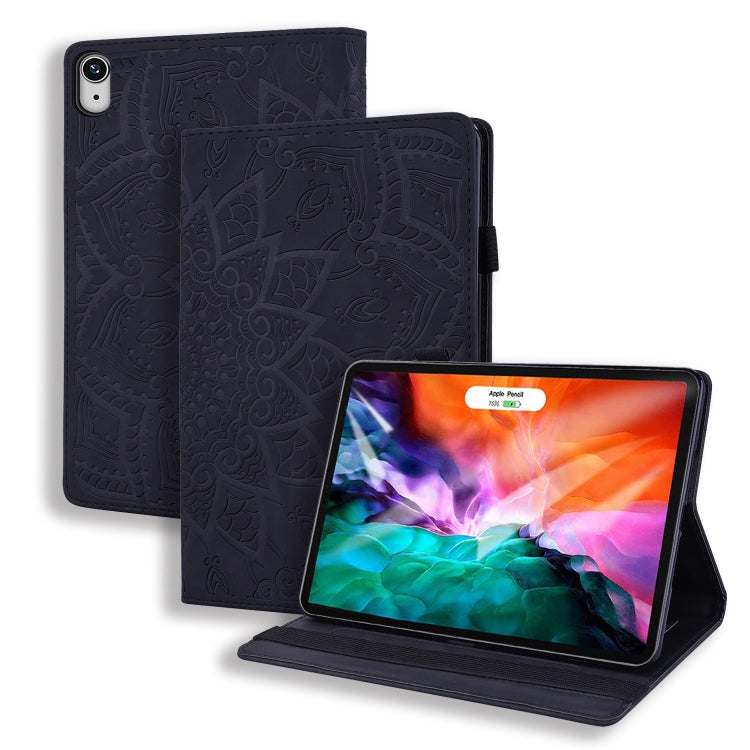 For iPad mini 6 Calf Pattern Double Folding Design Embossed Leather Tablet Case with Holder & Card Slots & Pen Slot & Elastic Band