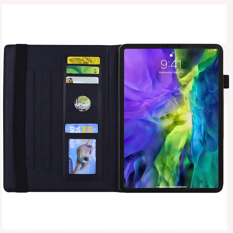 For iPad mini 6 Calf Pattern Double Folding Design Embossed Leather Tablet Case with Holder & Card Slots & Pen Slot & Elastic Band