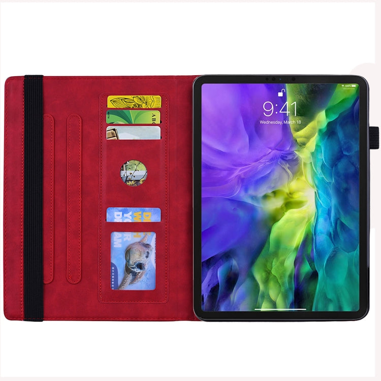 For iPad mini 6 Calf Pattern Double Folding Design Embossed Leather Tablet Case with Holder & Card Slots & Pen Slot & Elastic Band
