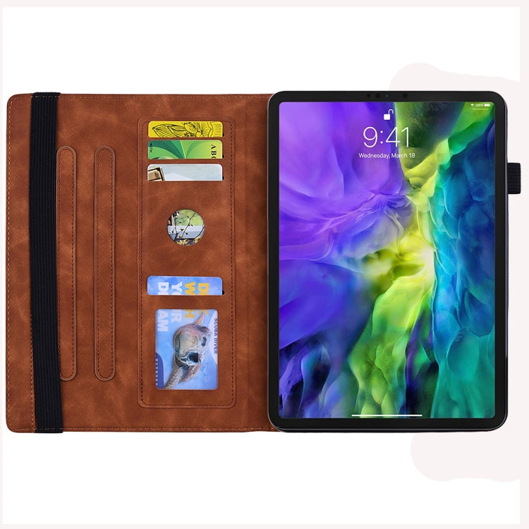 For iPad mini 6 Calf Pattern Double Folding Design Embossed Leather Tablet Case with Holder & Card Slots & Pen Slot & Elastic Band