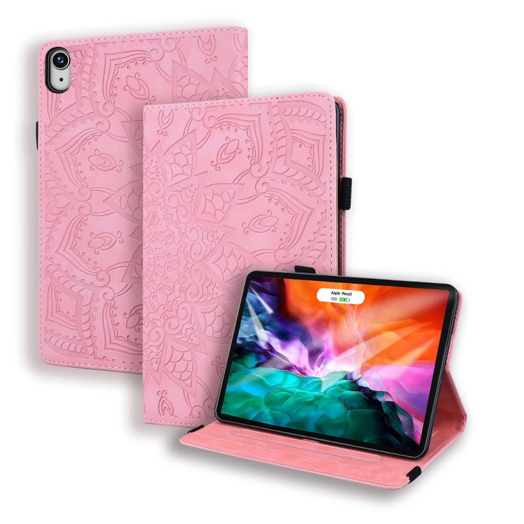 For iPad mini 6 Calf Pattern Double Folding Design Embossed Leather Tablet Case with Holder & Card Slots & Pen Slot & Elastic Band