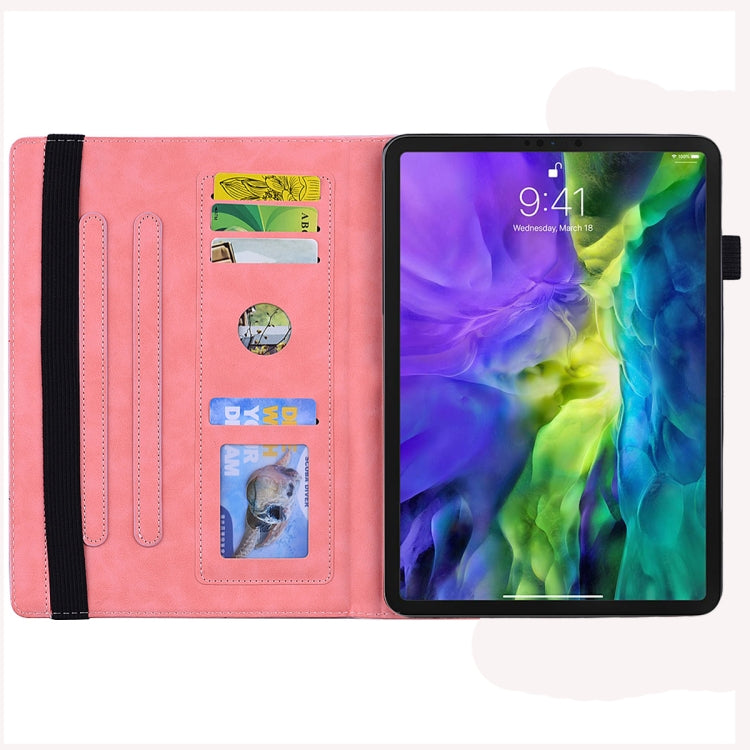 For iPad mini 6 Calf Pattern Double Folding Design Embossed Leather Tablet Case with Holder & Card Slots & Pen Slot & Elastic Band