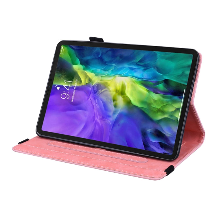 For iPad mini 6 Calf Pattern Double Folding Design Embossed Leather Tablet Case with Holder & Card Slots & Pen Slot & Elastic Band