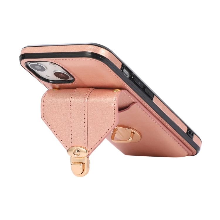 For iPhone 13 Fashion Buckle Protective Case with Holder & Card Slot & Wallet & Lanyard