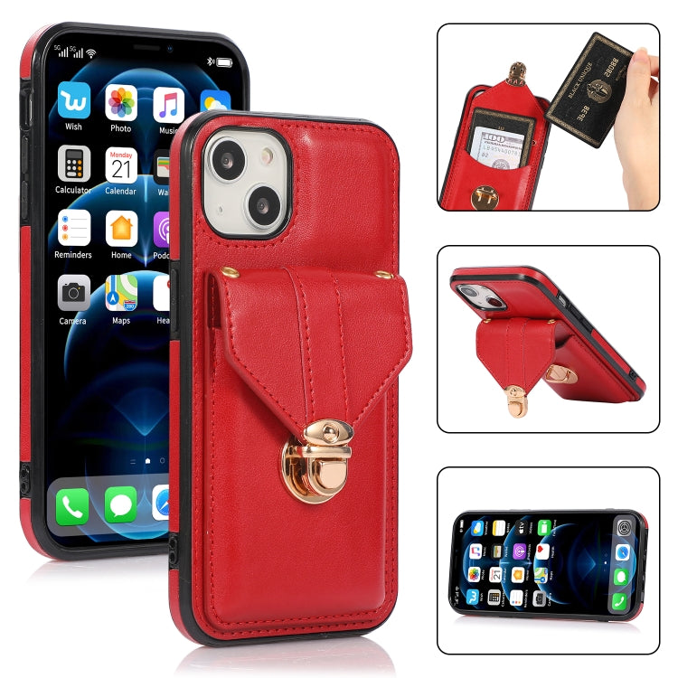 For iPhone 13 Fashion Buckle Protective Case with Holder & Card Slot & Wallet & Lanyard