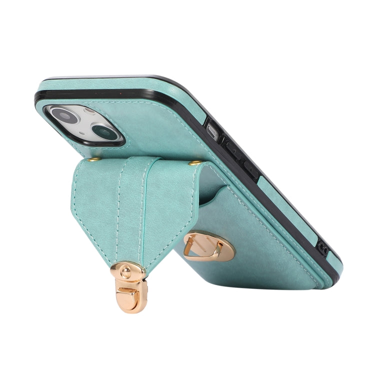 For iPhone 13 Fashion Buckle Protective Case with Holder & Card Slot & Wallet & Lanyard