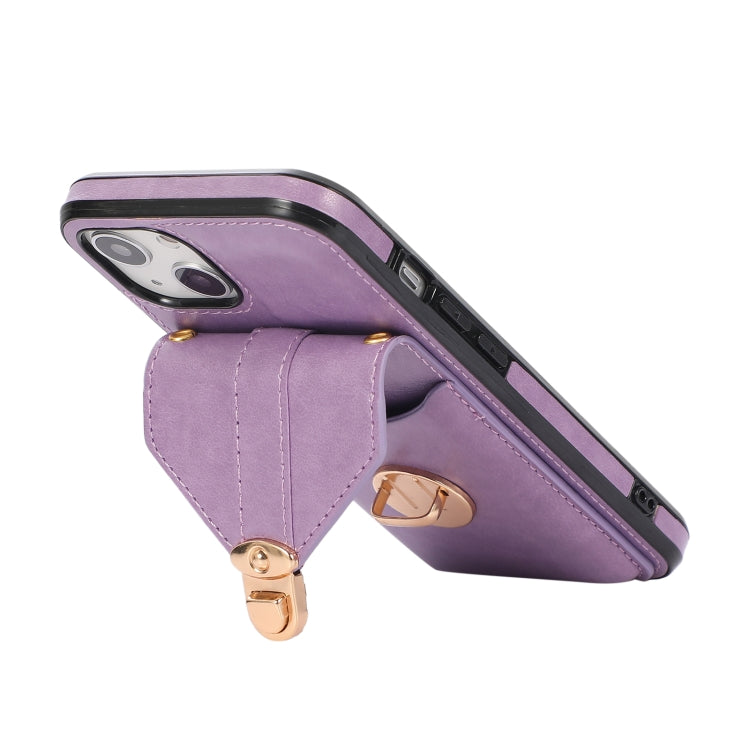 For iPhone 13 Fashion Buckle Protective Case with Holder & Card Slot & Wallet & Lanyard