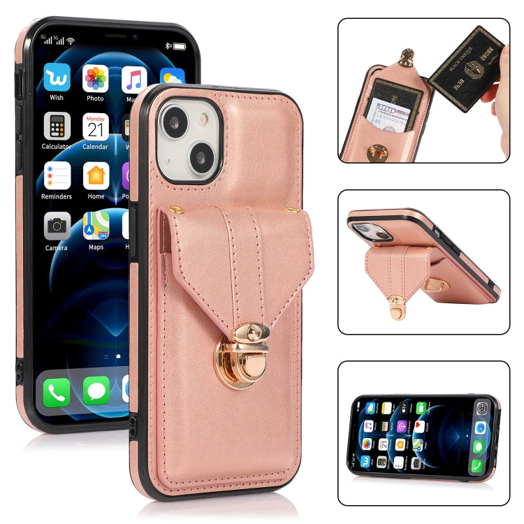 For iPhone 13 mini Fashion Buckle Protective Case with Holder & Card Slot & Wallet & Lanyard