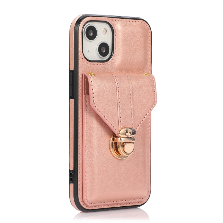 For iPhone 13 mini Fashion Buckle Protective Case with Holder & Card Slot & Wallet & Lanyard