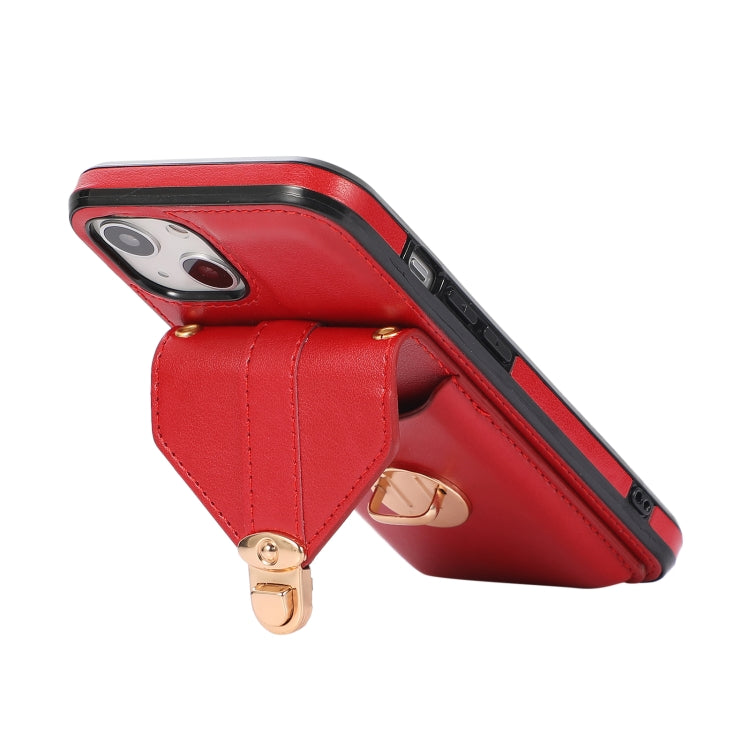 For iPhone 13 mini Fashion Buckle Protective Case with Holder & Card Slot & Wallet & Lanyard