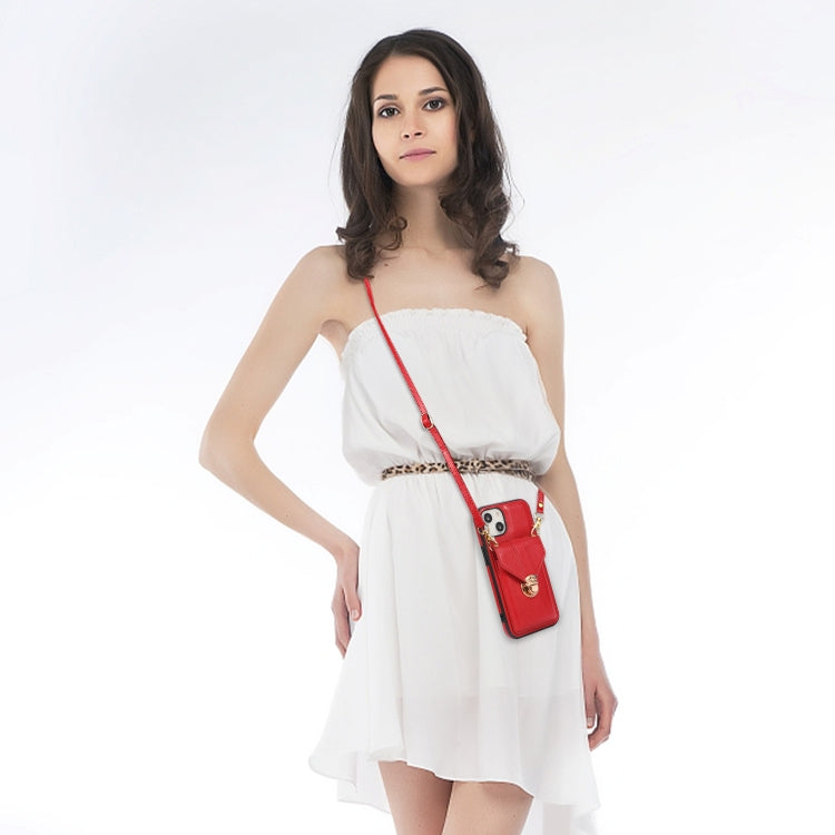 For iPhone 13 mini Fashion Buckle Protective Case with Holder & Card Slot & Wallet & Lanyard