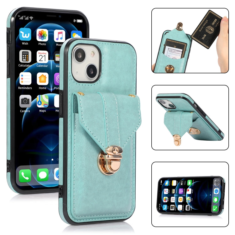 For iPhone 13 mini Fashion Buckle Protective Case with Holder & Card Slot & Wallet & Lanyard