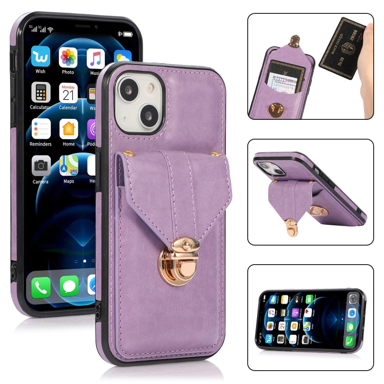 For iPhone 13 mini Fashion Buckle Protective Case with Holder & Card Slot & Wallet & Lanyard
