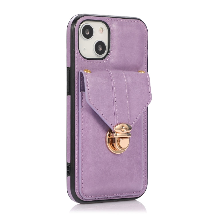 For iPhone 13 mini Fashion Buckle Protective Case with Holder & Card Slot & Wallet & Lanyard