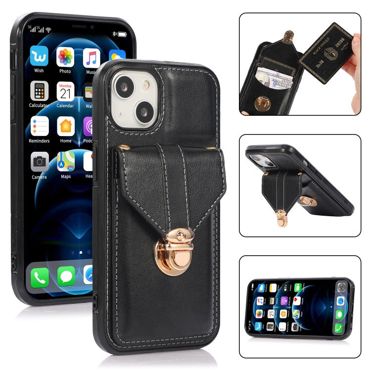 For iPhone 13 mini Fashion Buckle Protective Case with Holder & Card Slot & Wallet & Lanyard
