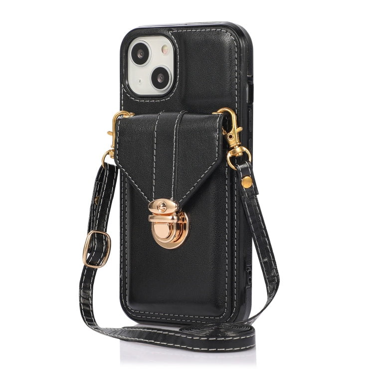 For iPhone 13 mini Fashion Buckle Protective Case with Holder & Card Slot & Wallet & Lanyard