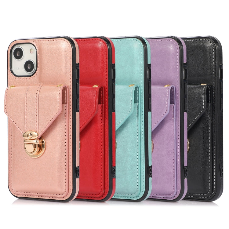 For iPhone 13 mini Fashion Buckle Protective Case with Holder & Card Slot & Wallet & Lanyard