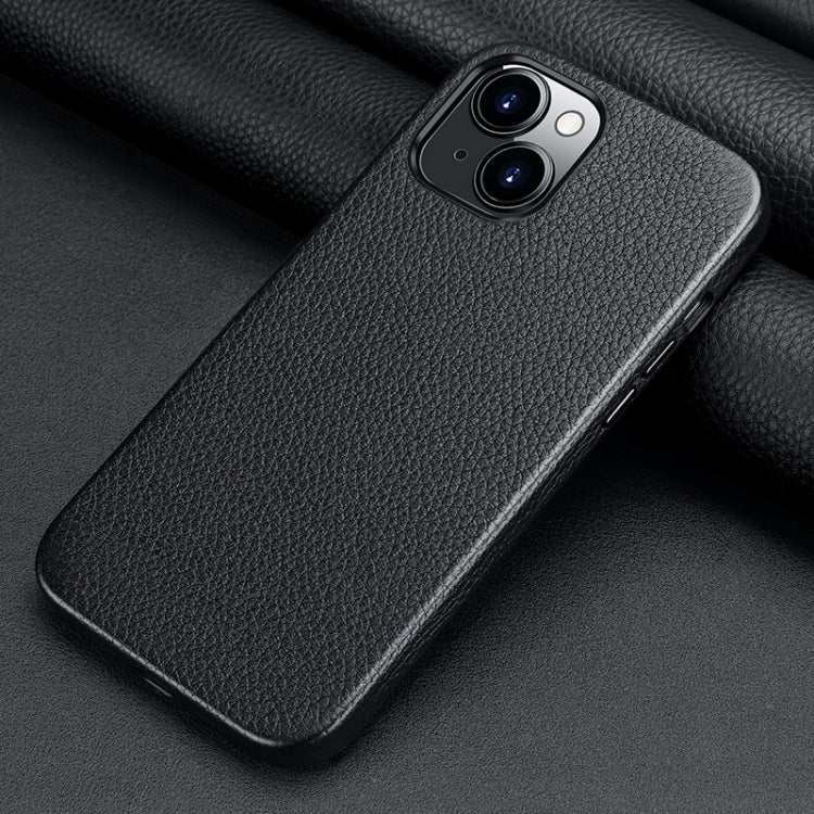 For iPhone 13 Litchi Texture Top Layer Cowhide Leather Back Cover Shockproof Case
