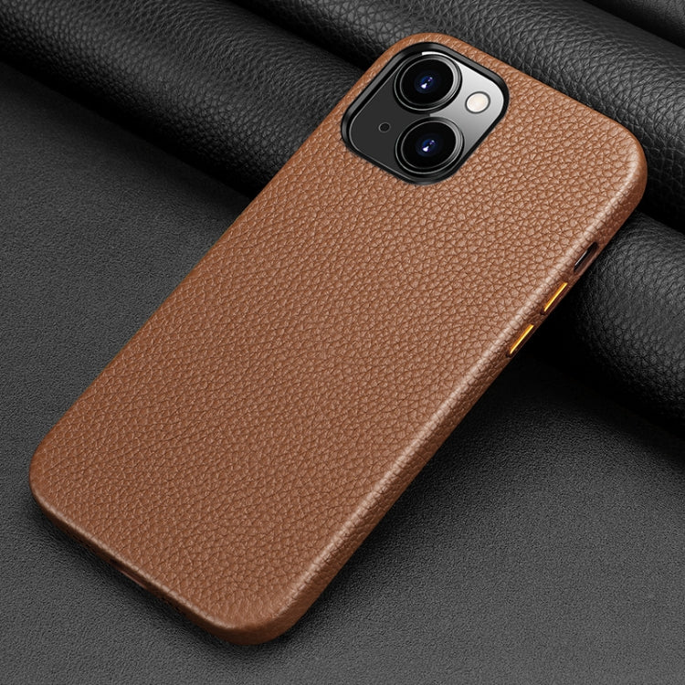 For iPhone 13 Litchi Texture Top Layer Cowhide Leather Back Cover Shockproof Case
