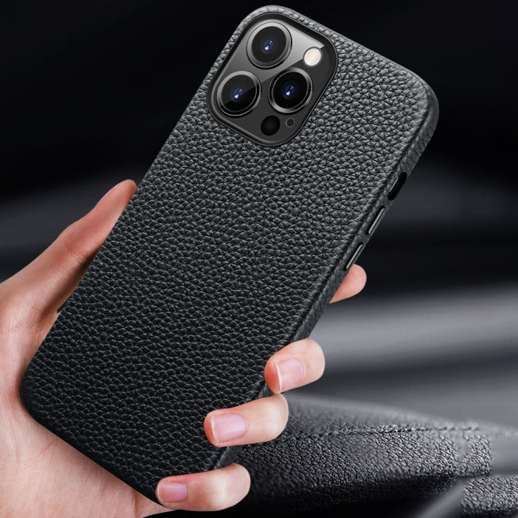 For iPhone 13 Litchi Texture Top Layer Cowhide Leather Back Cover Shockproof Case