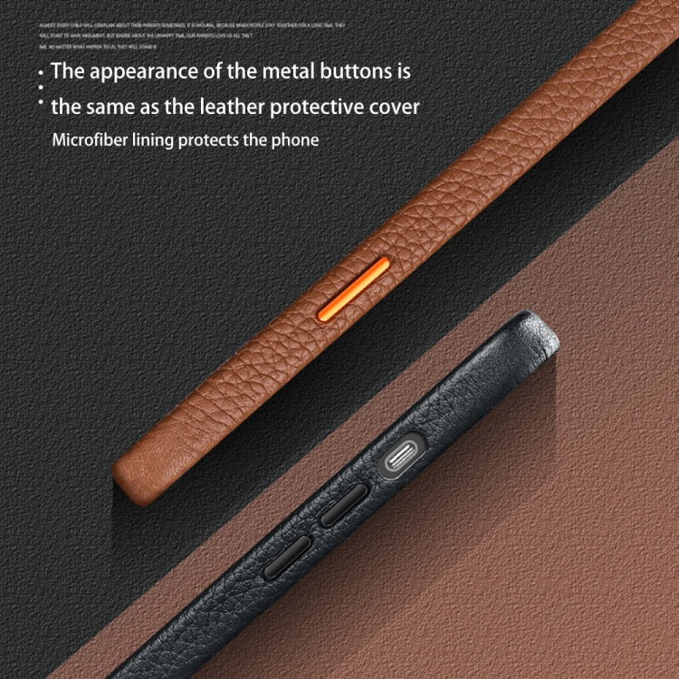 For iPhone 13 Litchi Texture Top Layer Cowhide Leather Back Cover Shockproof Case