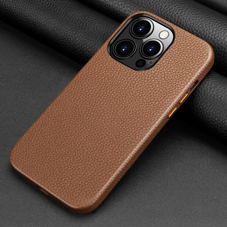 For iPhone 13 Pro Max Litchi Texture Top Layer Cowhide Leather Back Cover Shockproof Case