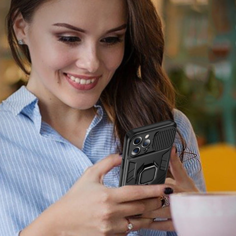 For iPhone 13 Pro Max Sliding Camera Cover Design TPU + PC Shockproof Case with Ring Holder