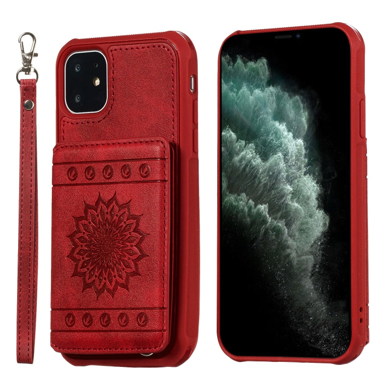 For iPhone 11 Sunflower Embossing Pattern PU + TPU Case with Holder & Card Slots & Photo Frame & Lanyard