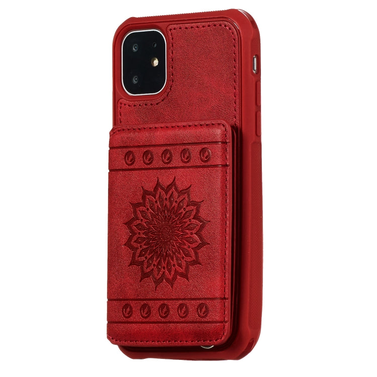 For iPhone 11 Sunflower Embossing Pattern PU + TPU Case with Holder & Card Slots & Photo Frame & Lanyard