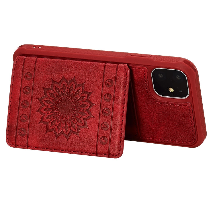 For iPhone 11 Sunflower Embossing Pattern PU + TPU Case with Holder & Card Slots & Photo Frame & Lanyard