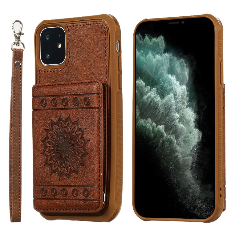 For iPhone 11 Sunflower Embossing Pattern PU + TPU Case with Holder & Card Slots & Photo Frame & Lanyard